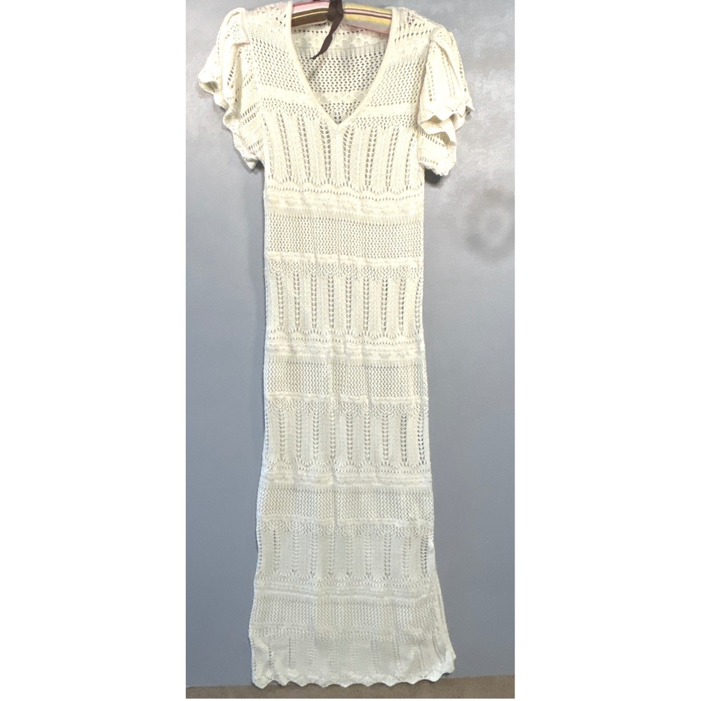Jessica Simpson Cream Crochet Knit Maxi Dress V-Neck Flutter Sleeve Small